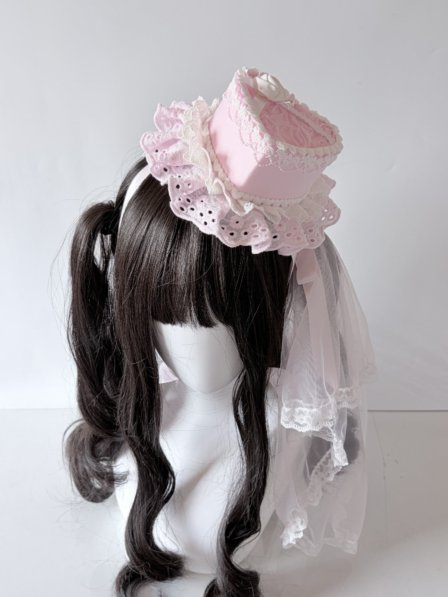 Pink Rose Heart Mini Top Hat with Veil Lolita Headpiece