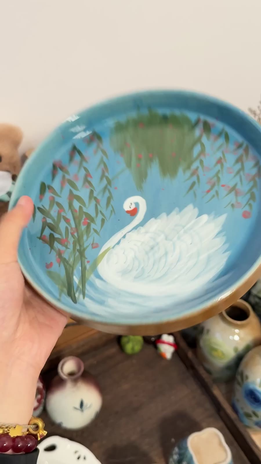 手描き 陶器プレート スワンデザイン