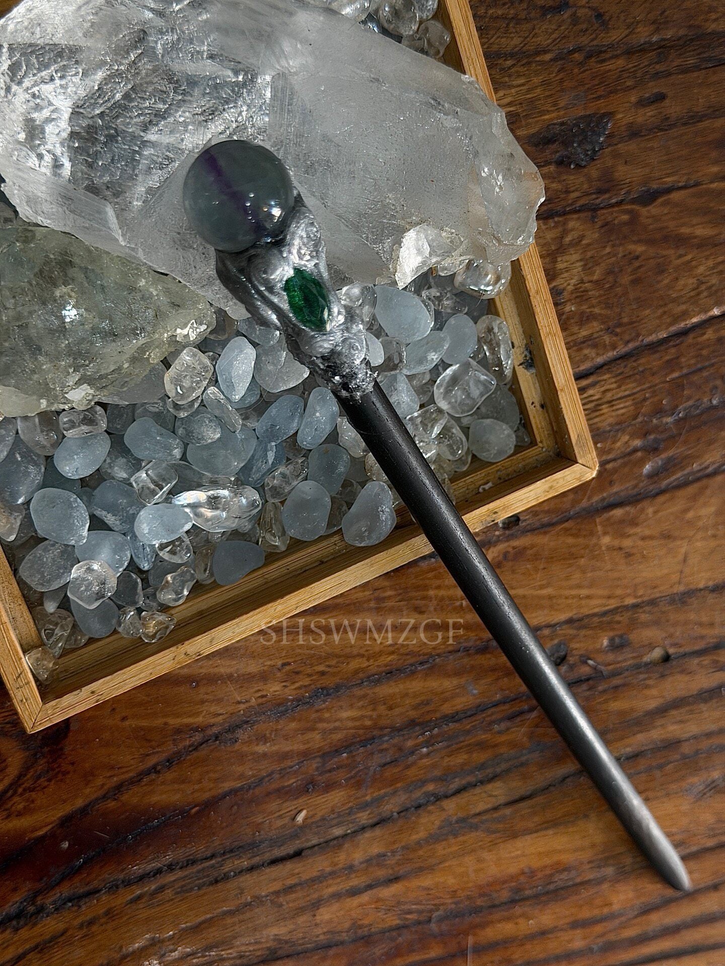 Dark Wood Hair Stick with Silver Handle, Green Gemstone, and Blue Fluorite Bead