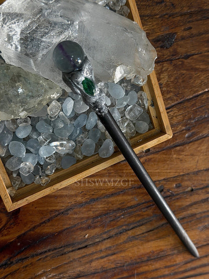 Dark Wood Hair Stick with Silver Handle, Green Gemstone, and Blue Fluorite Bead
