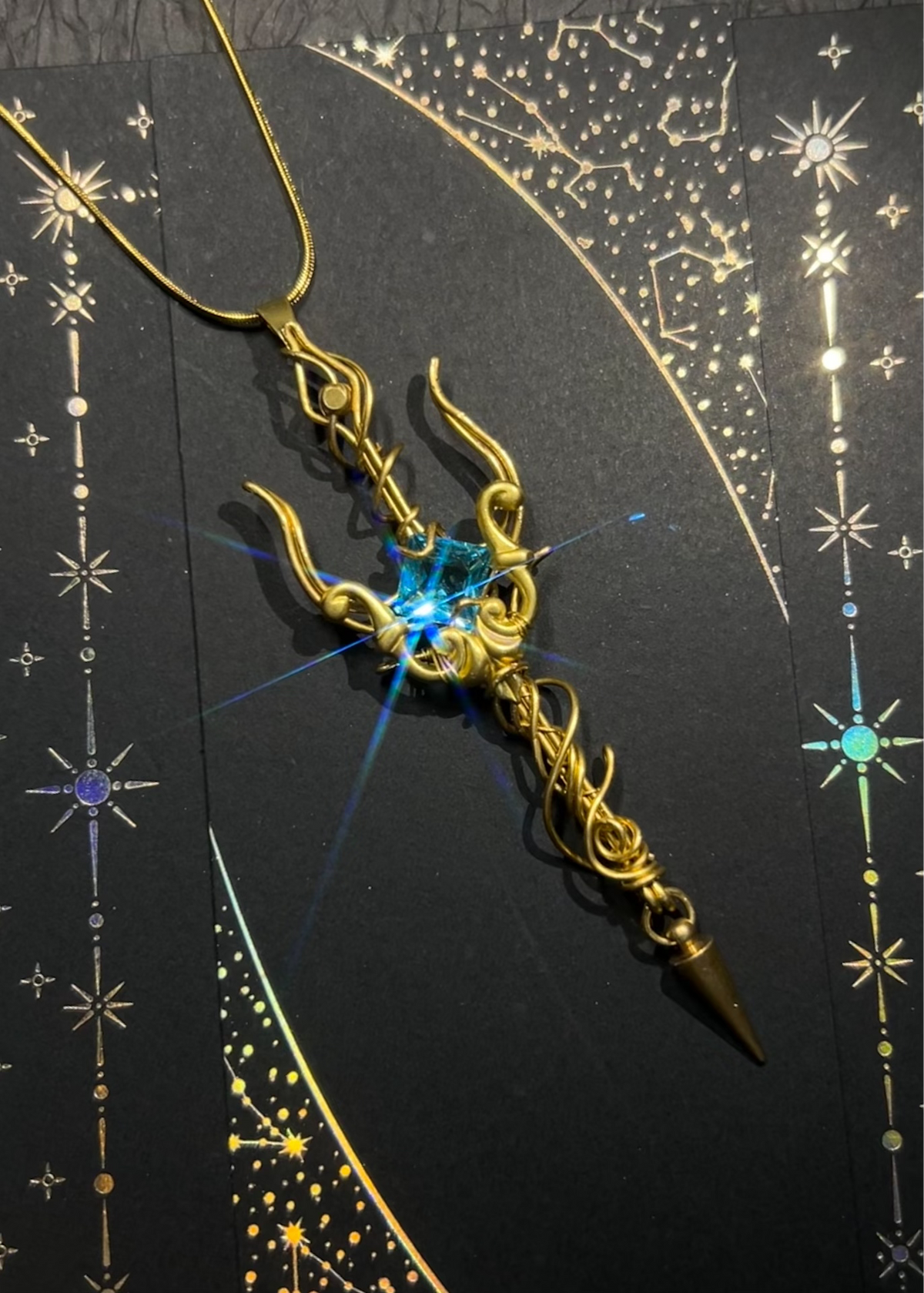 Brass Wire Wrapped Pendant with Aqua Zircon