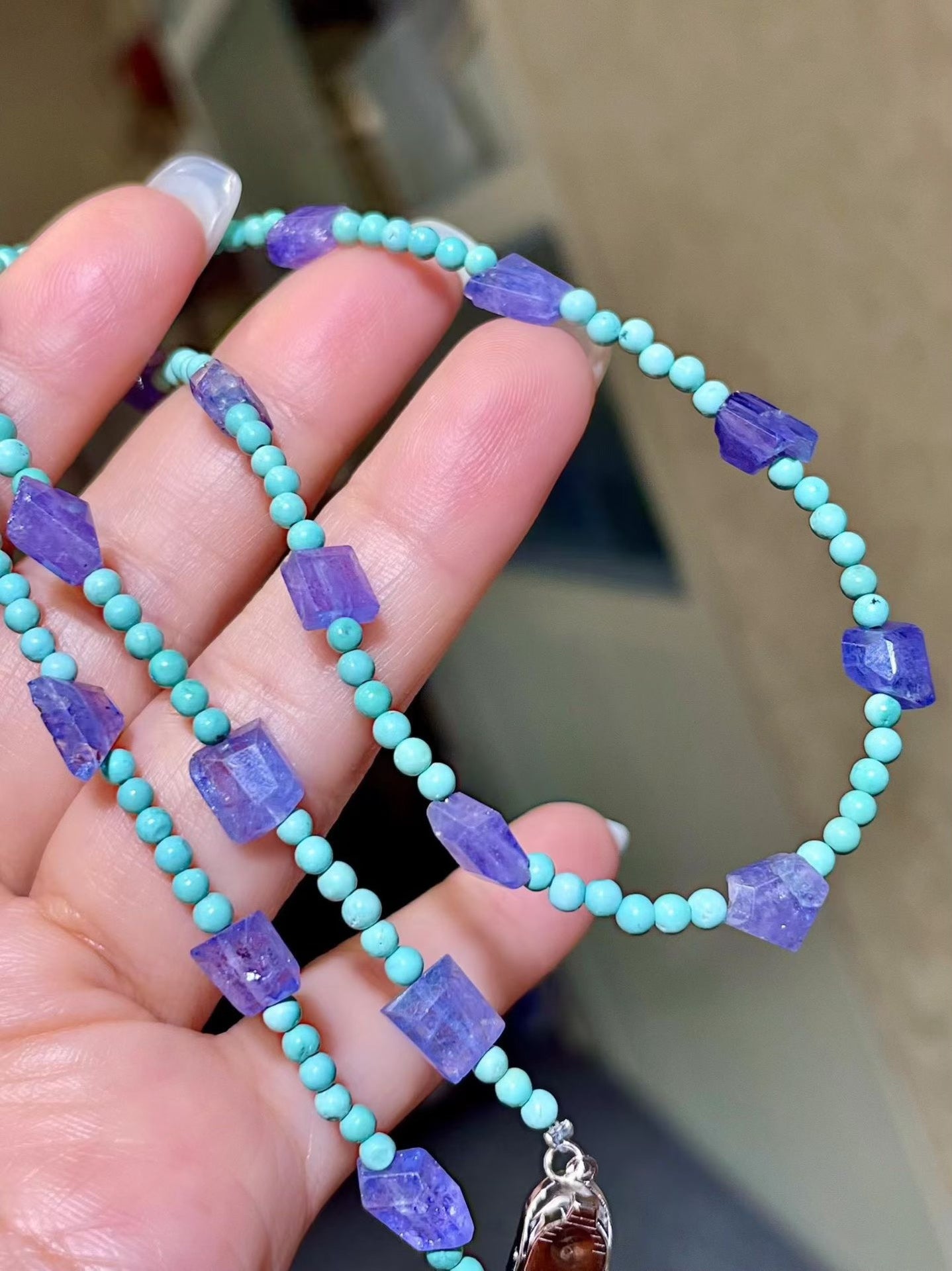 Irregular Tanzanite and Turquoise Beaded Necklace, 43.5cm