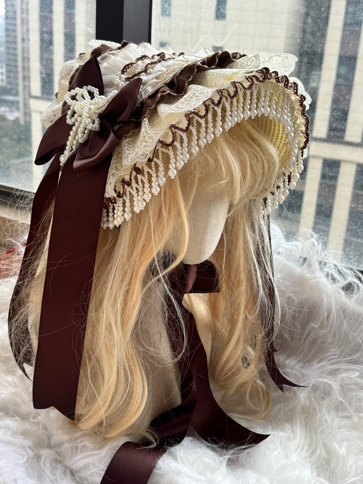 Handmade Lolita Bonnet with Lace Trim