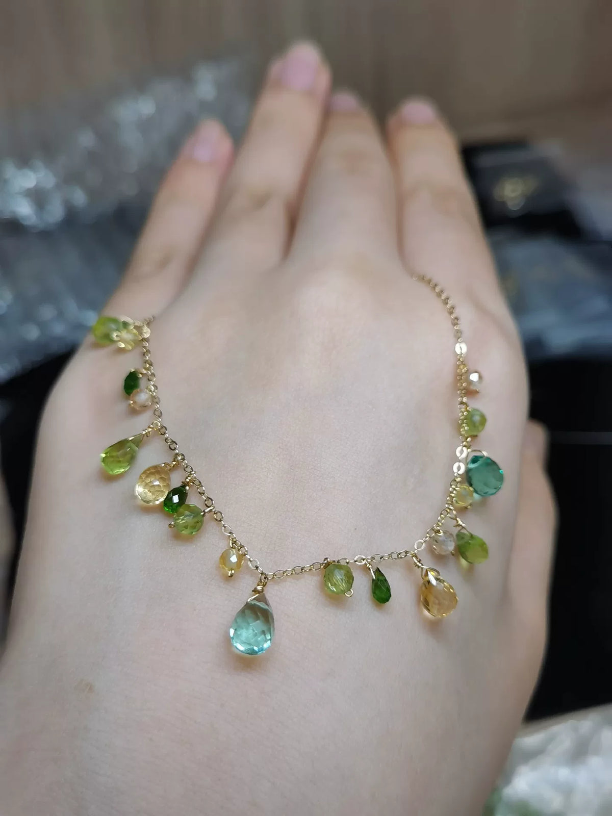 Citrine Peridot Diopside Goudgevulde Armband Ketting