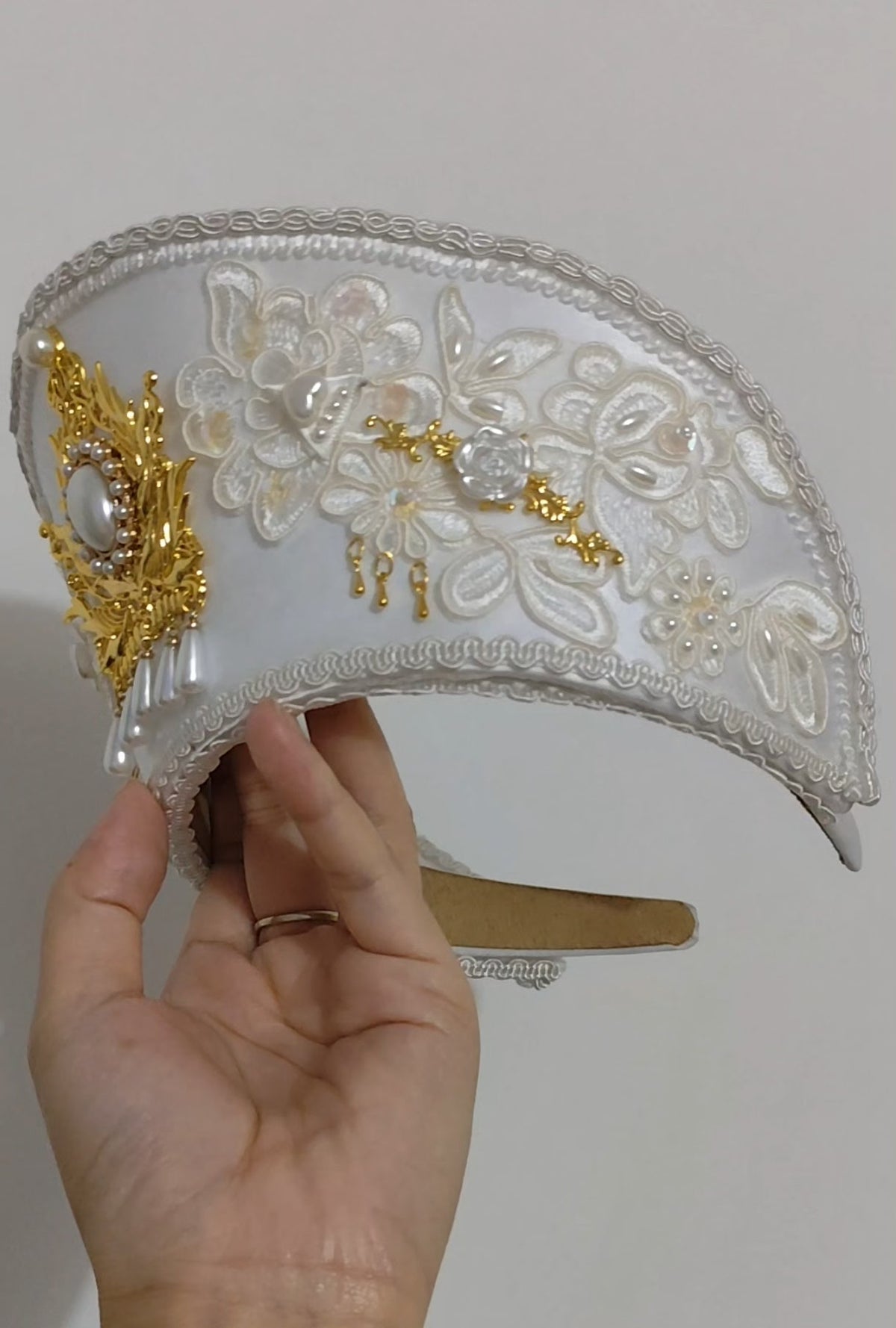 White Satin Lolita Kokoshnik Headpiece with Gold Ornament