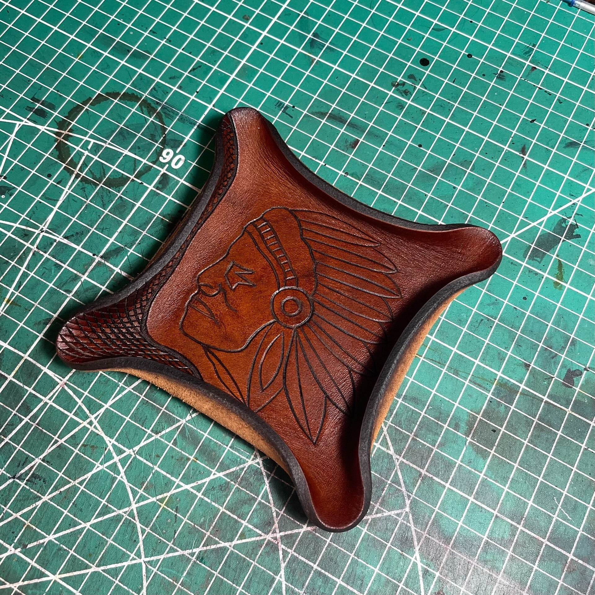Square Vegetable-Tanned Leather Tray with Carved Portrait