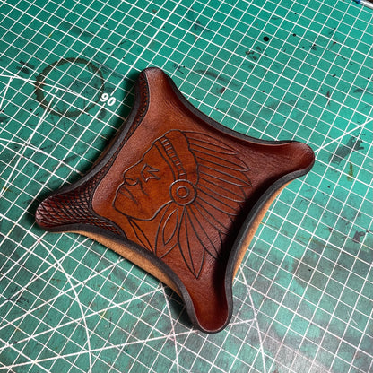 Square Vegetable-Tanned Leather Tray with Carved Portrait