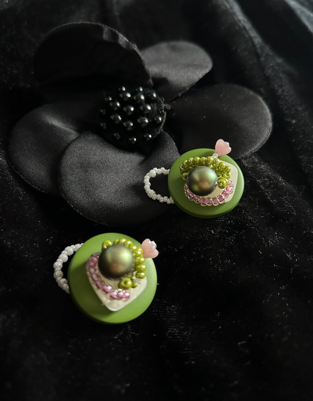 Vintage Green Button Ring with Czech Beads