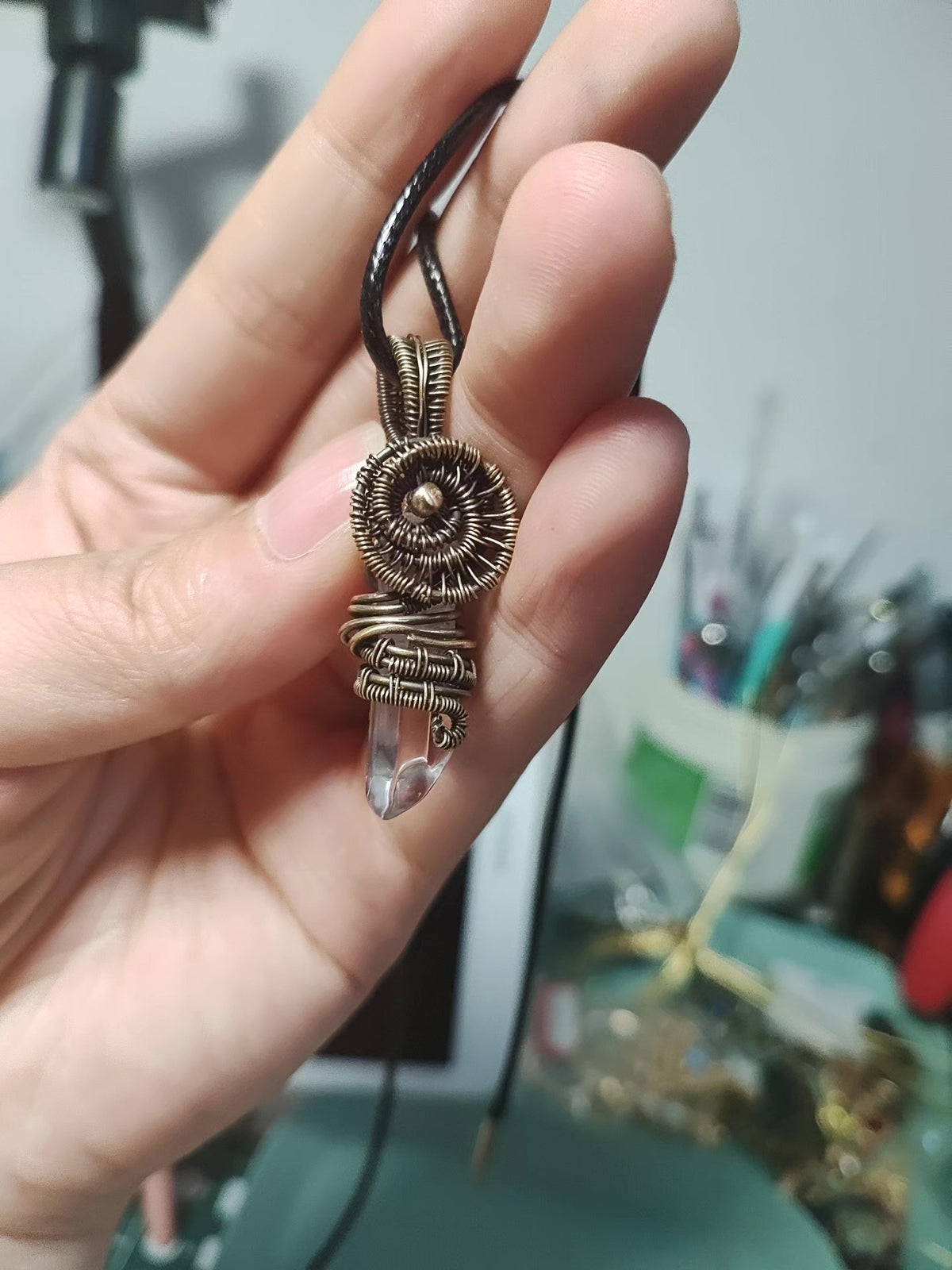 Brass Wire Wrapped Clear Quartz Pendant