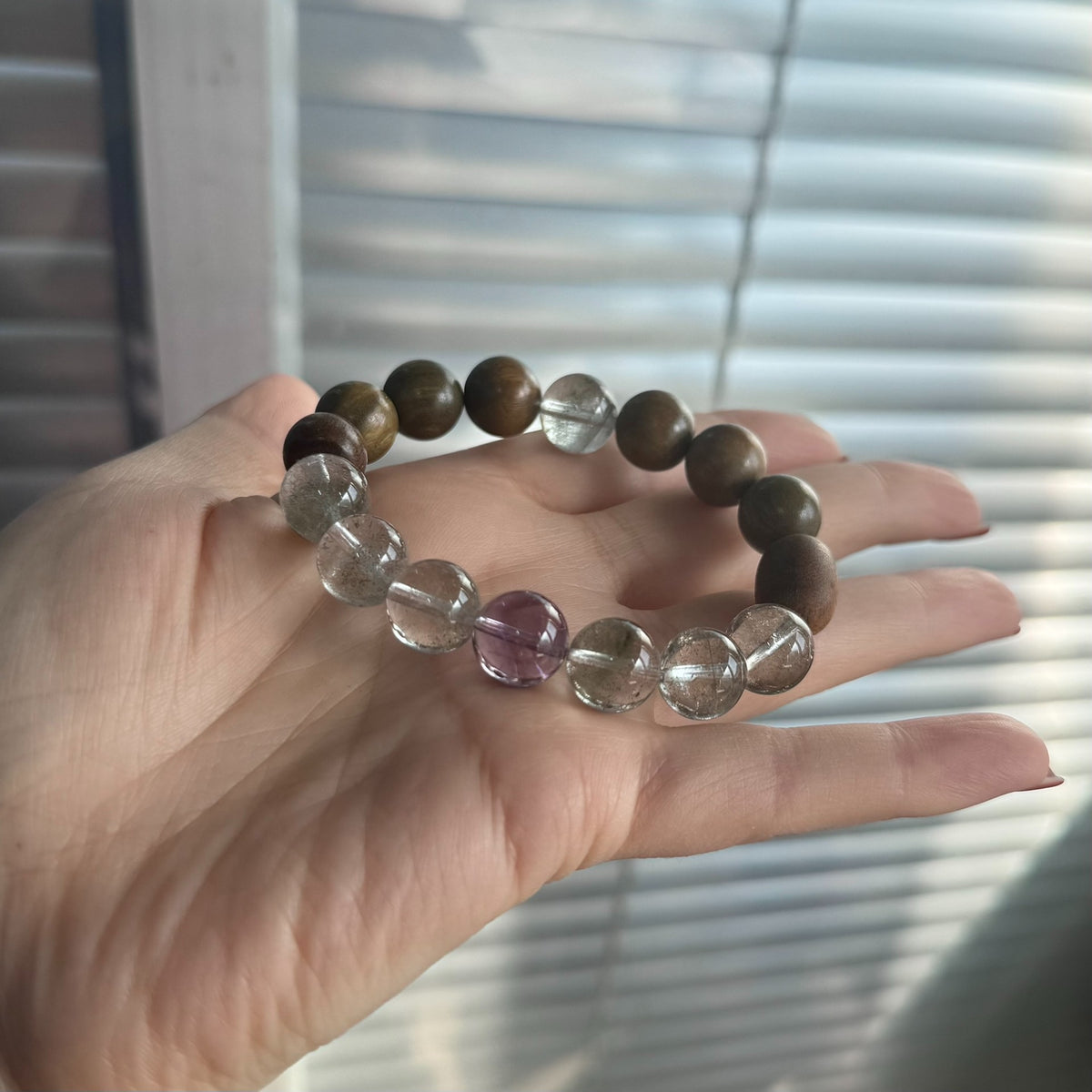 Green Phantom Quartz Sandalwood Beaded Bracelet