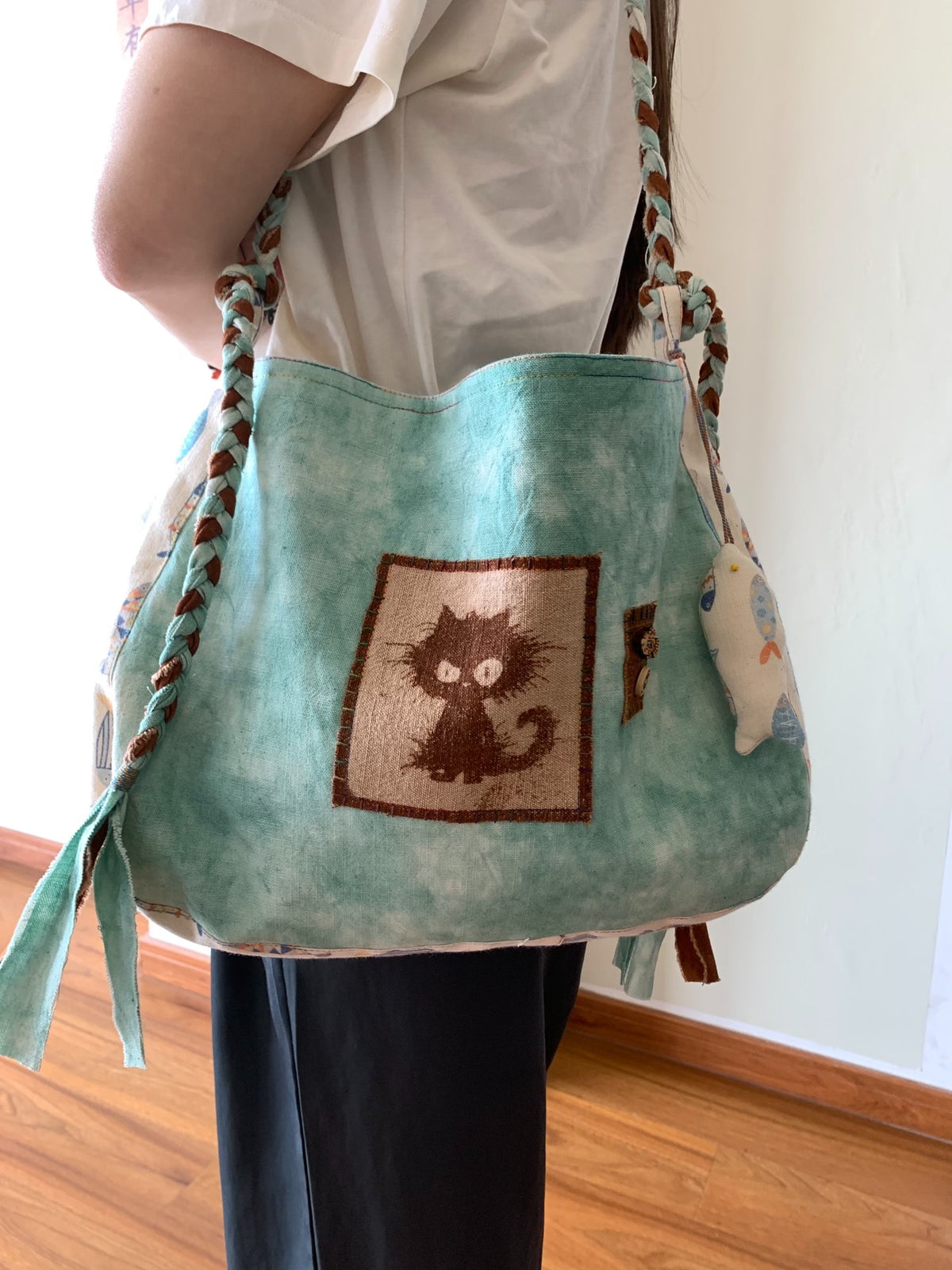Handwoven Plant Dyed Shoulder Bag with Cat Motif