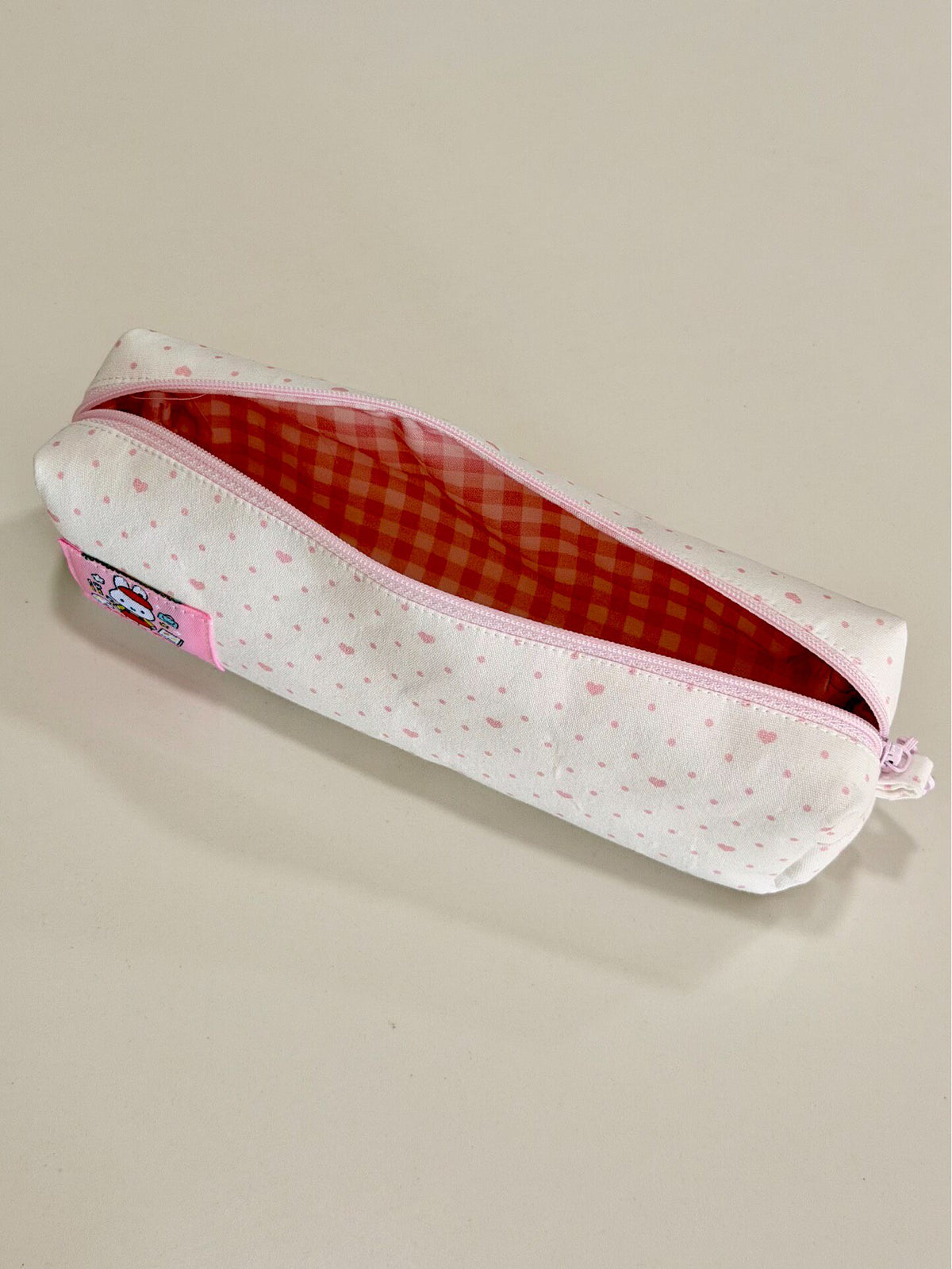 Canvas Pencil Case with Pink Heart Pattern