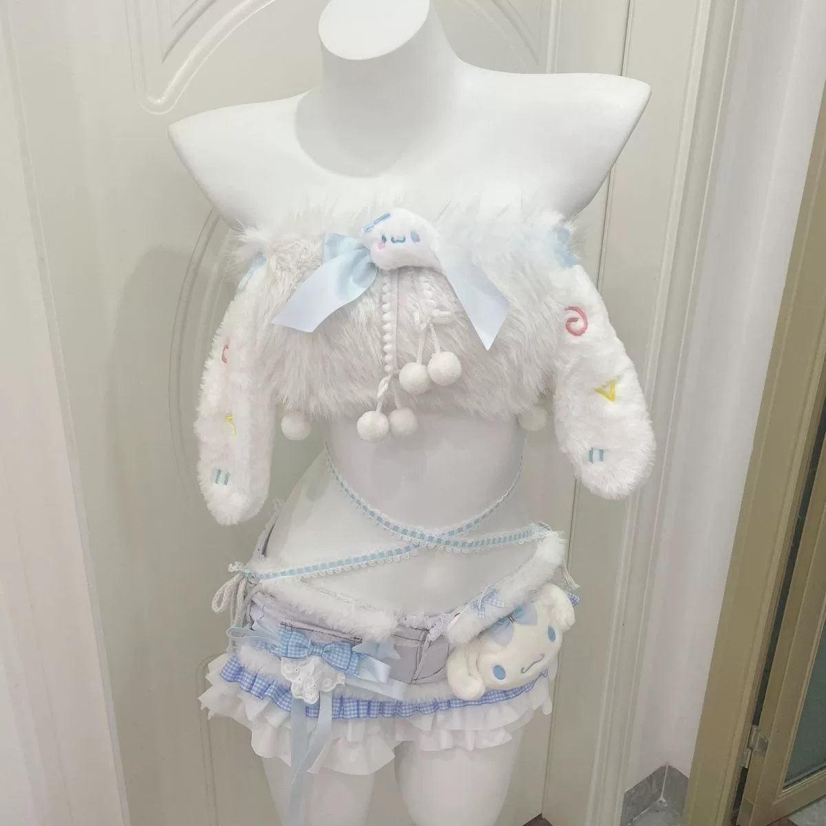 White Plush Bunny Girl Tube Top and Shorts Set