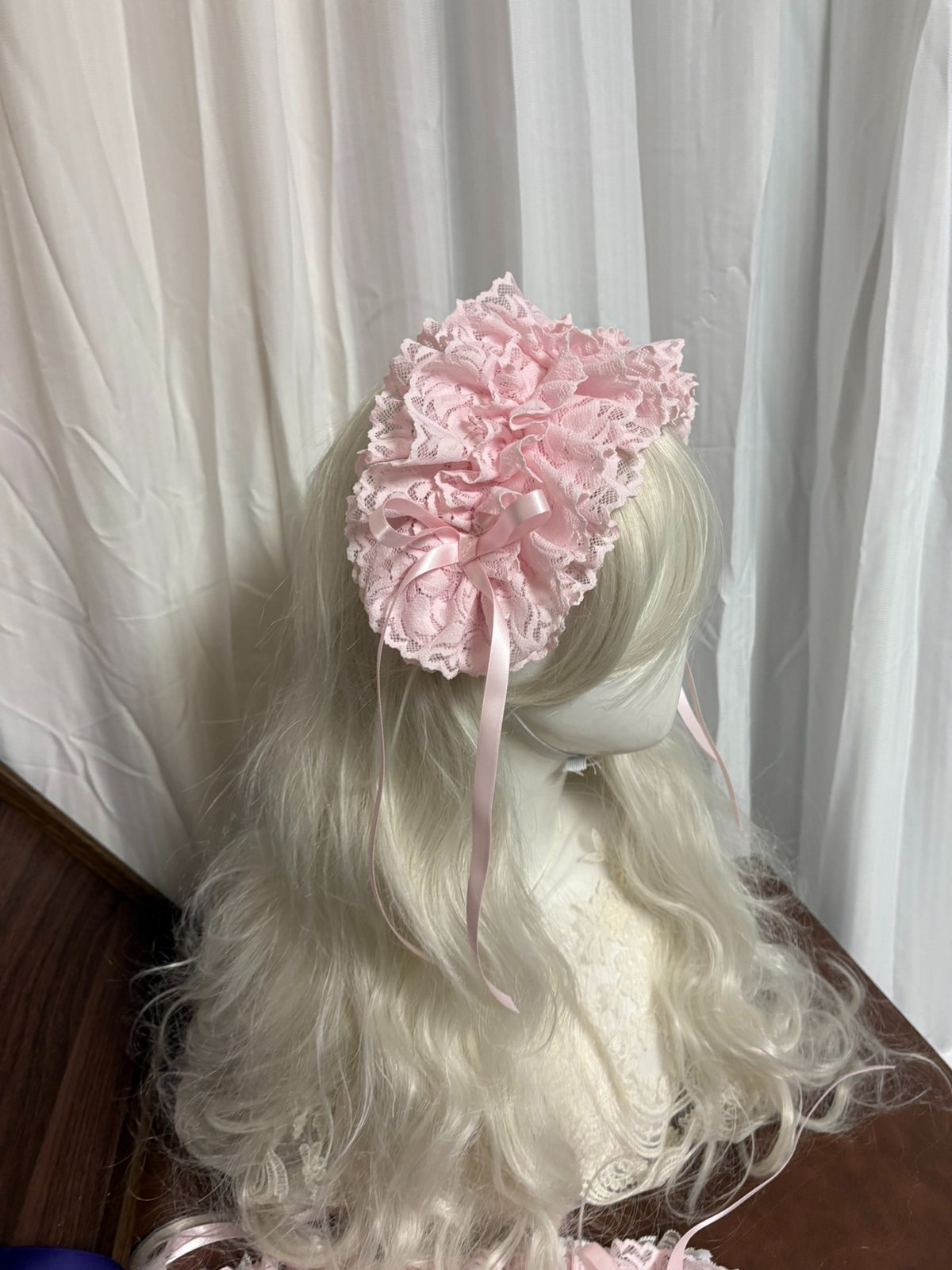 Pink Lace Halo Headpiece with Ribbon Ties