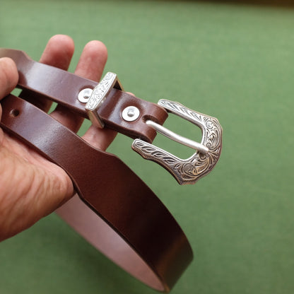 Tapered Leather Belt with Engraved Metal Buckle