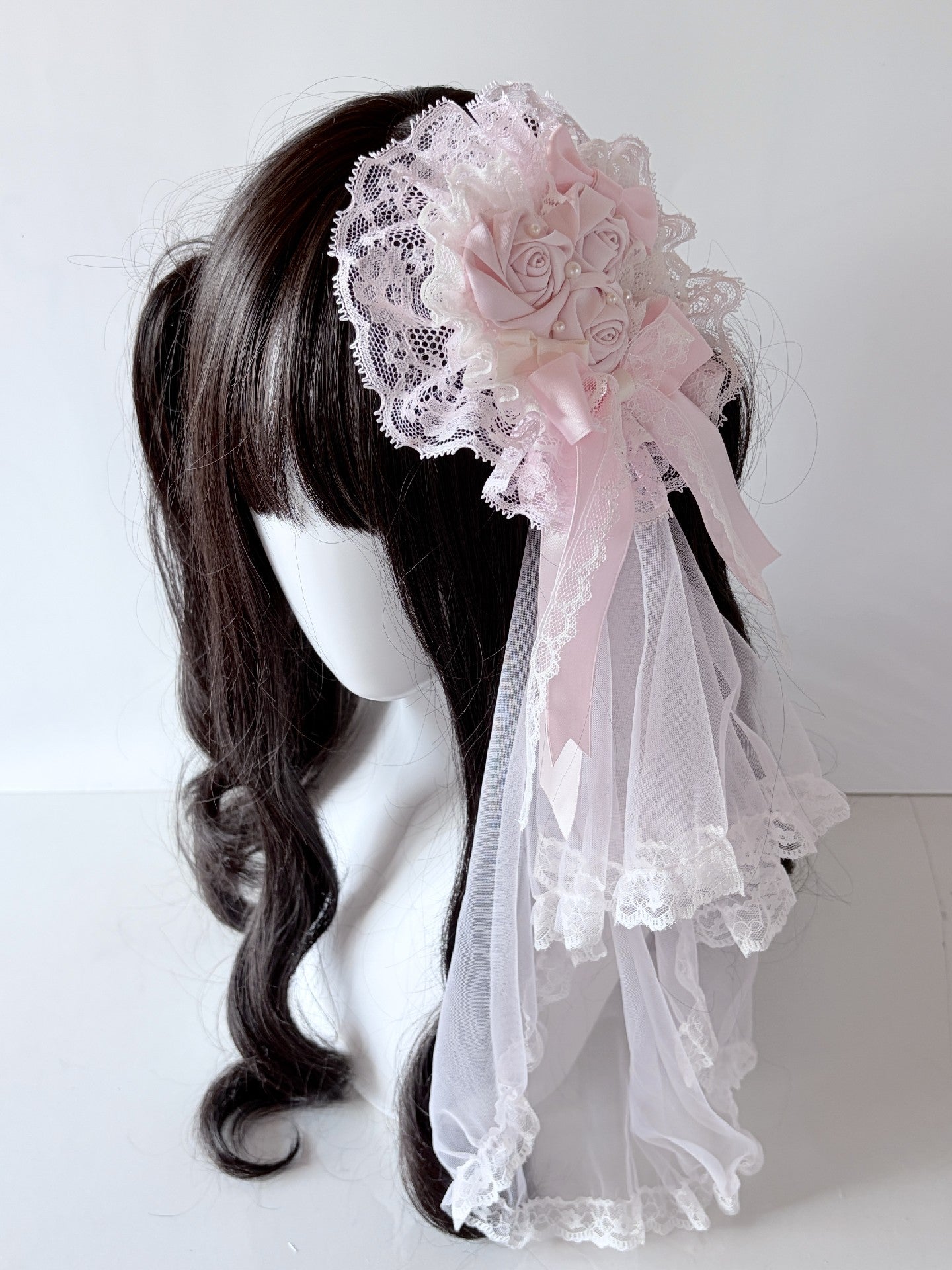 Pink Rose Heart Lace Hair Clip with Detachable Veil