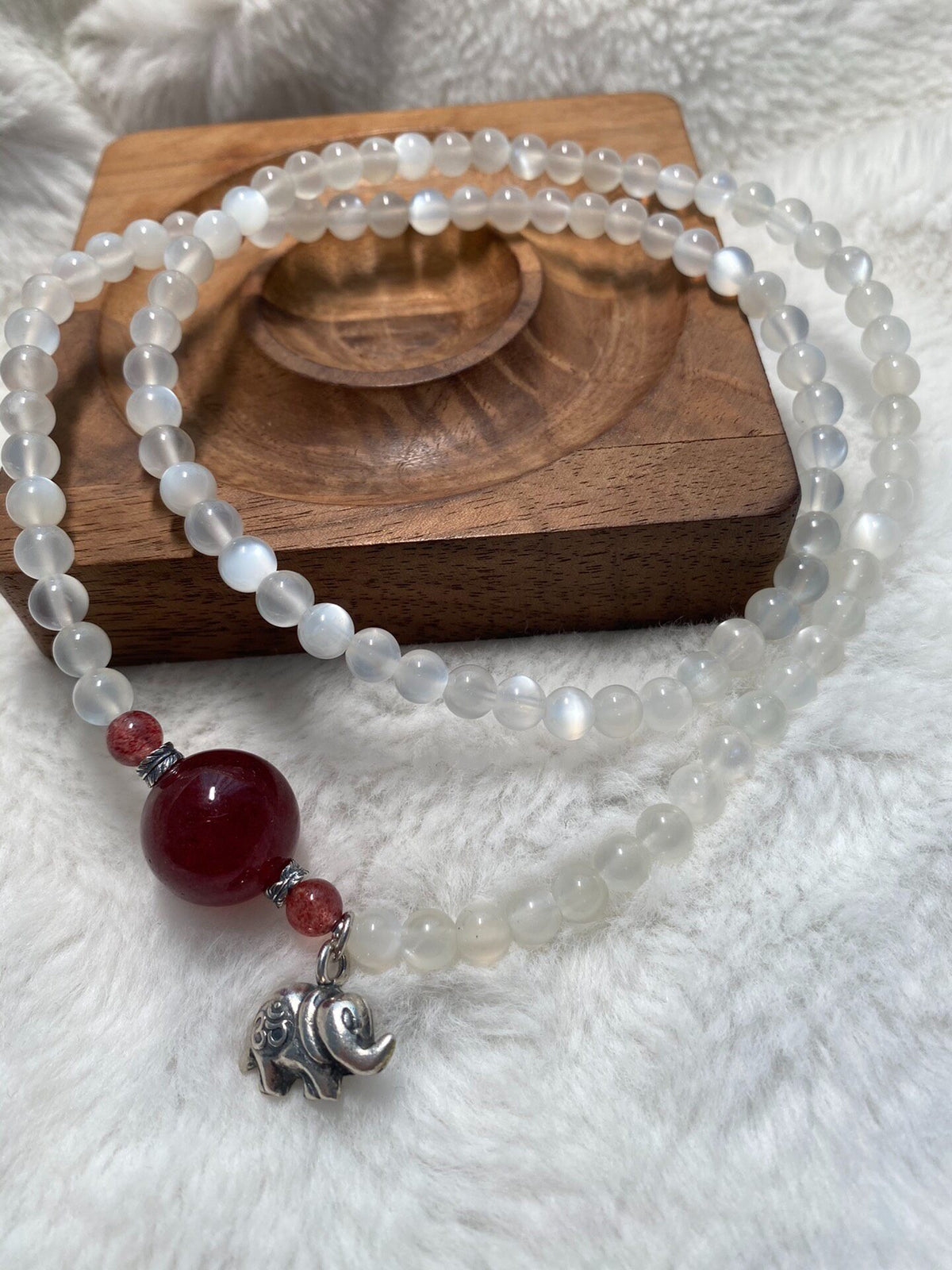 Triple Wrap Moonstone Bracelet with Strawberry Quartz