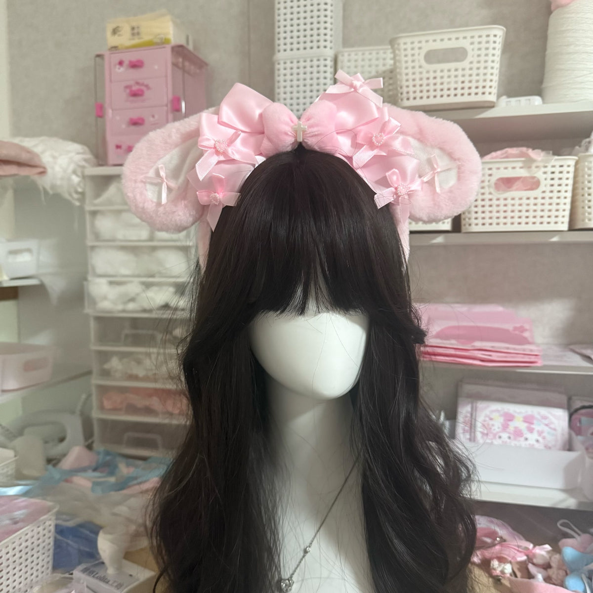 Pink Plush Bunny Ear Bow Headband