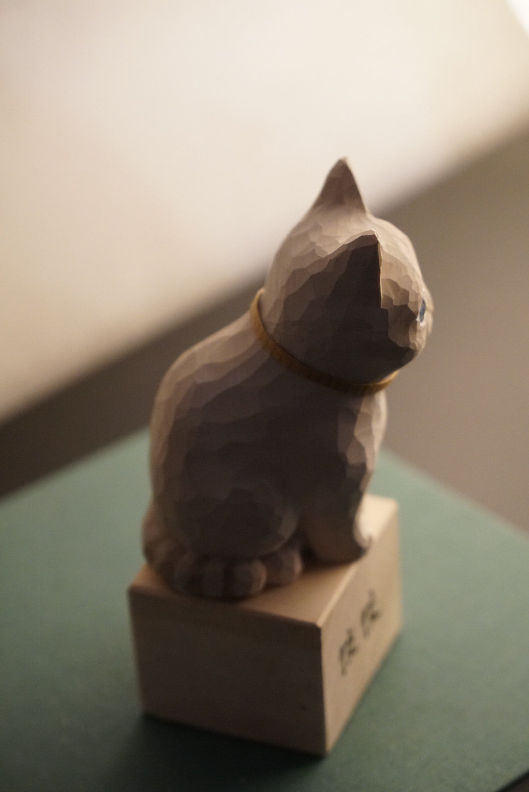 Handcrafted Linden Wood Cat Sculpture Geometric Design