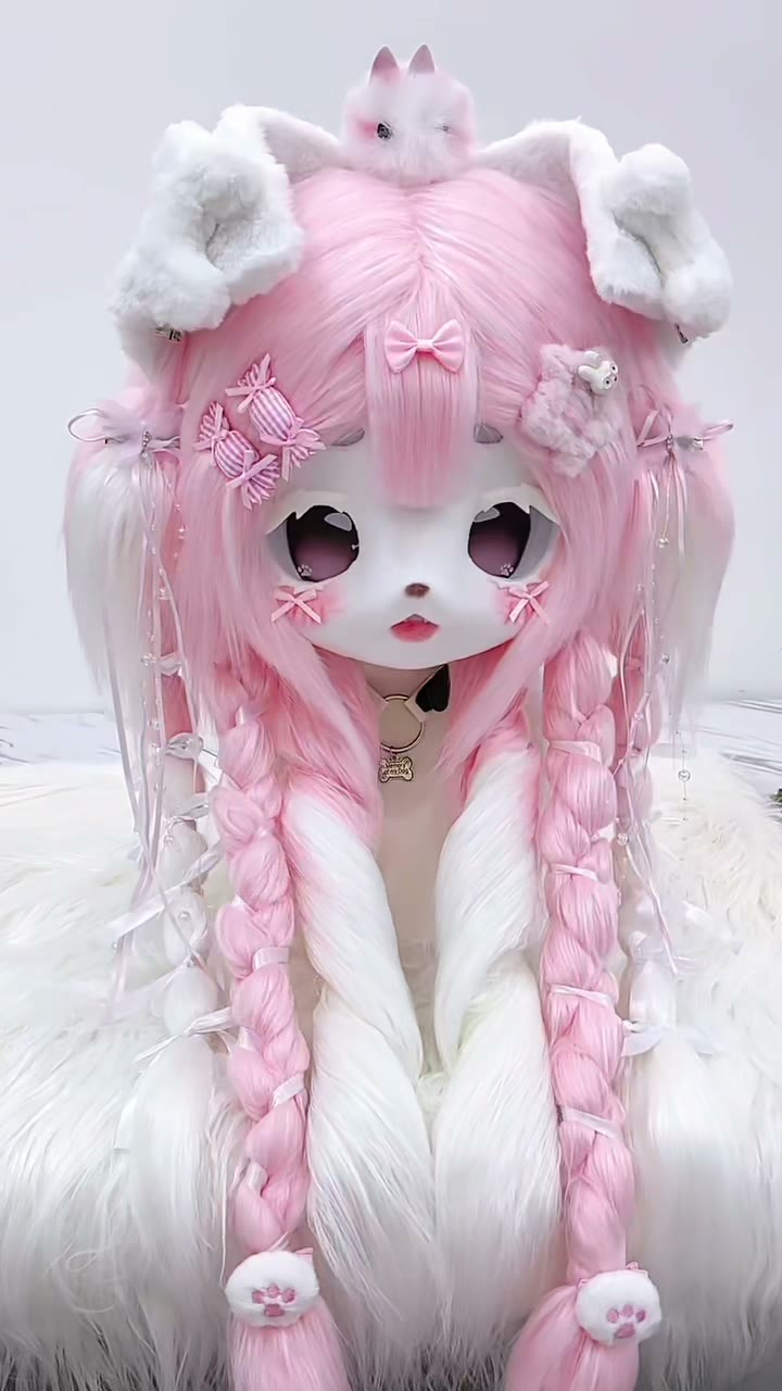 Acessório de Cosplay de Animal Branco Feito à Mão com Peruca Trançada Rosa