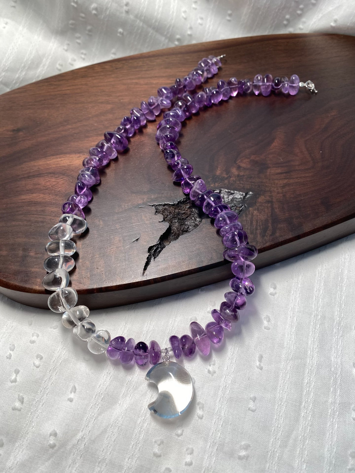 Amethyst Clear Quartz Moon Pendant Necklace