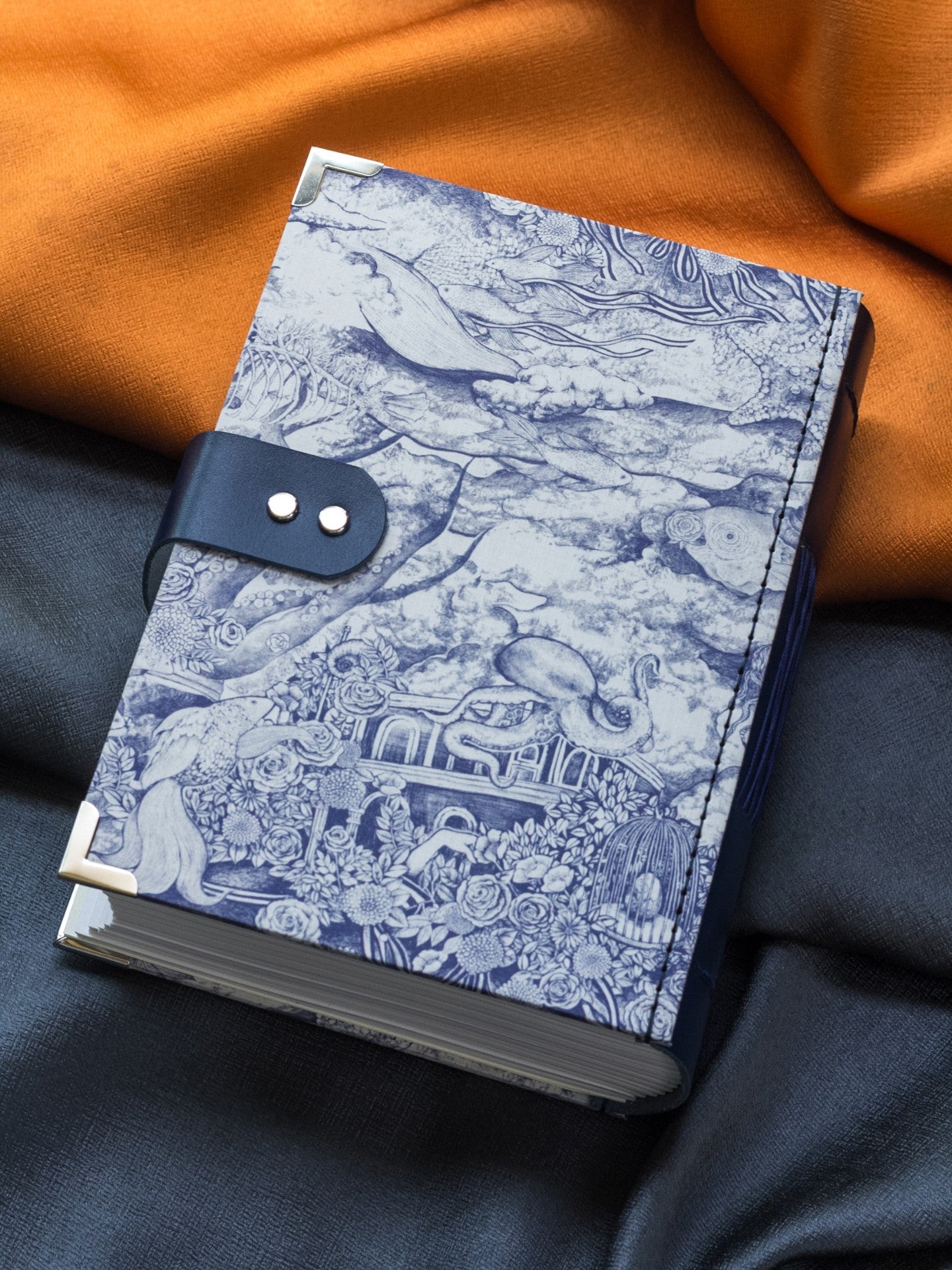Handmade Blue and White Sea Pattern Fabric Journal, Nautilus Clasp