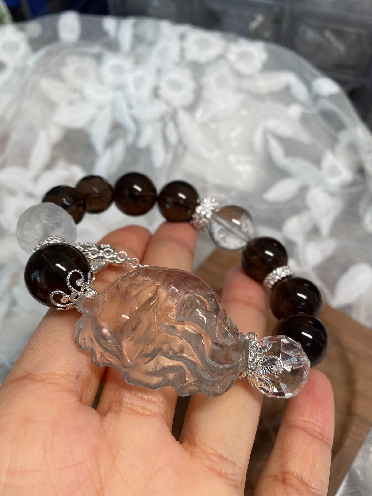 Smoky Quartz Clear Quartz Fox Pendant Bracelet