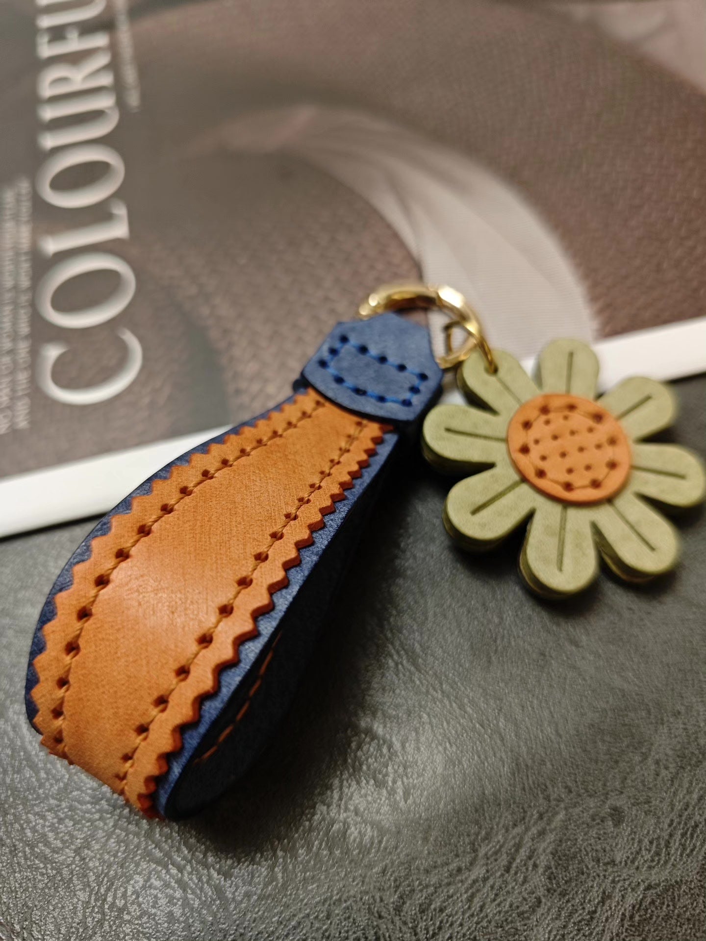 Handmade Leather Keychain Bag Charm with Flower and Zigzag Stitching