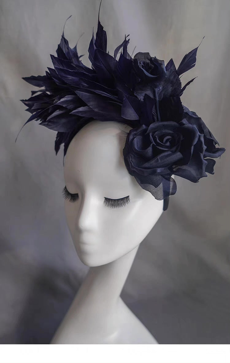 Navy Silk Feather Rose Headband