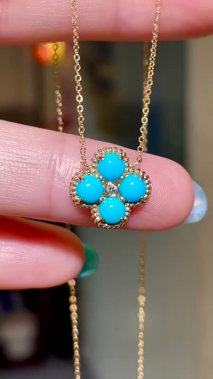 18K Gold Four Leaf Clover Blue Stone Necklace