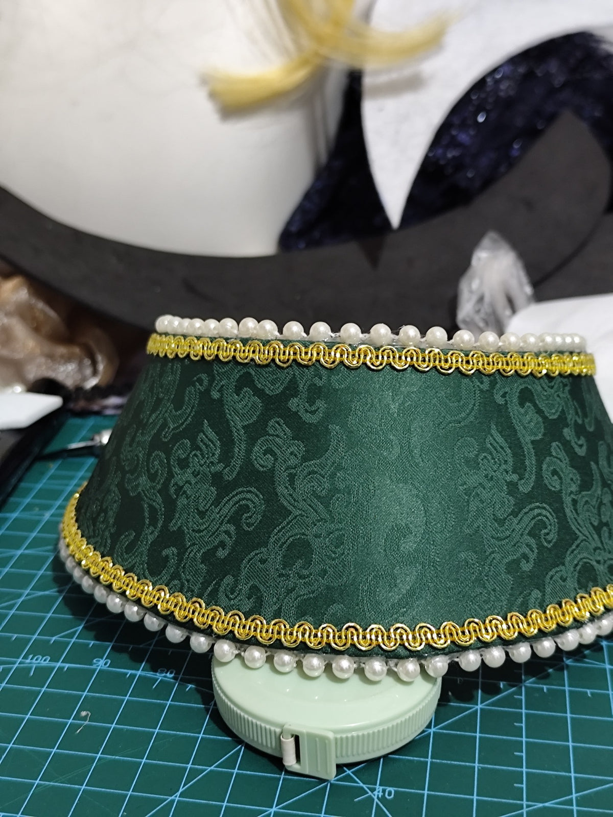 Green Damask Lolita Headpiece with Pearl Trim