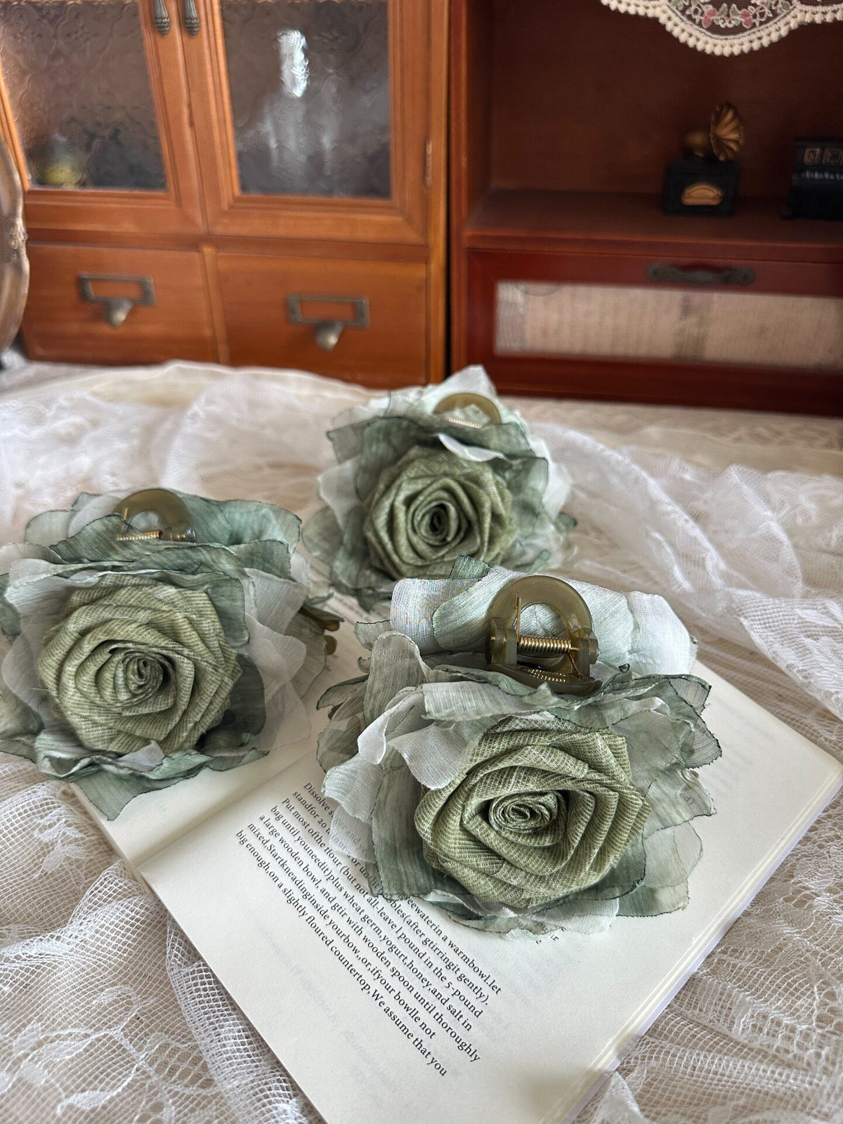 Handcrafted Fabric Rose Moss Green Claw Clip