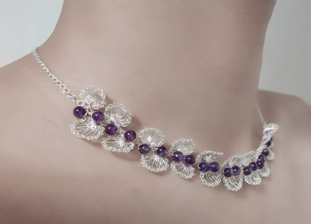 Handmade Wire Crochet Purple Crystal Petal Necklace