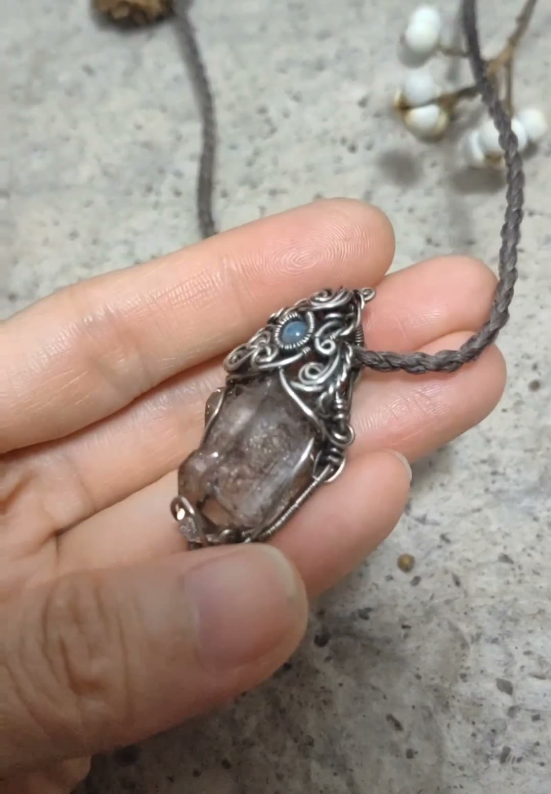 Wire-Wrapped Pendant Necklace with Tea Skeleton Crystal