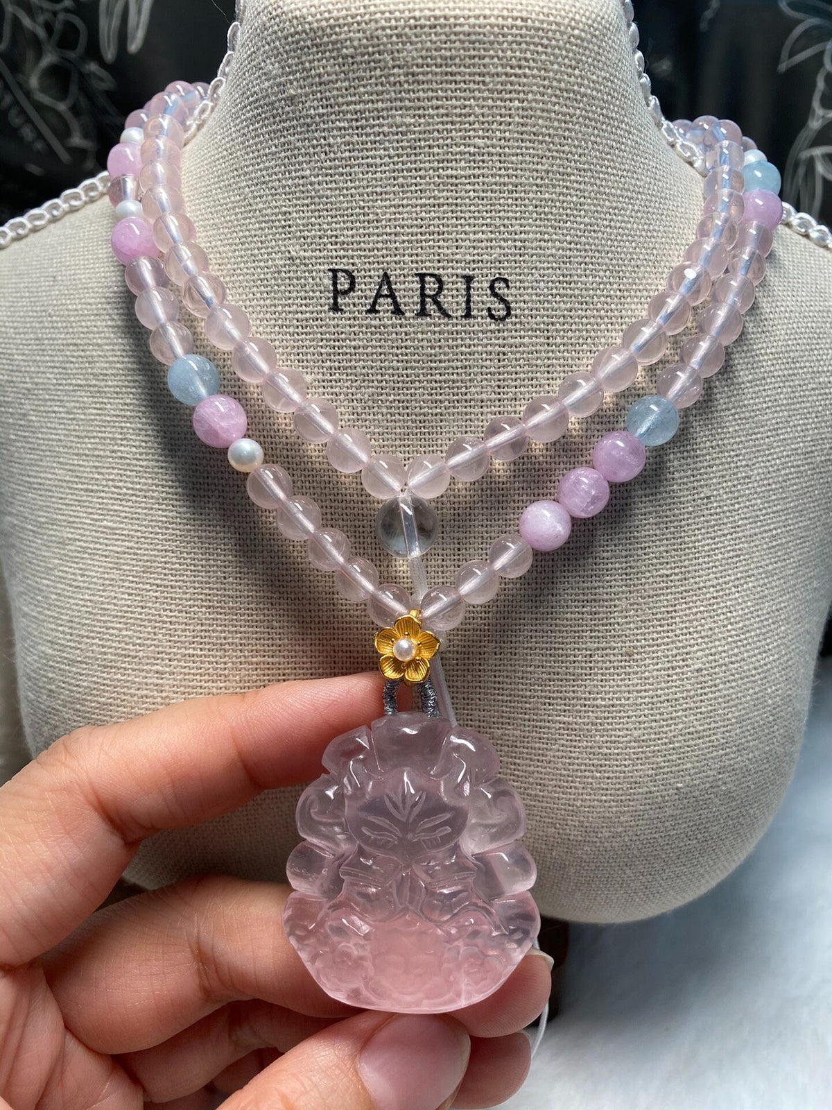 Pink Quartz Fox Pendant Beaded Necklace