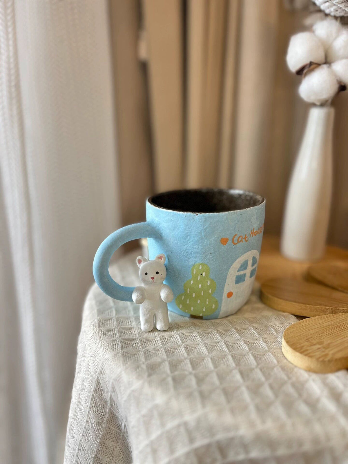 Handmade Ceramic Cat Mug with Balcony Figurine