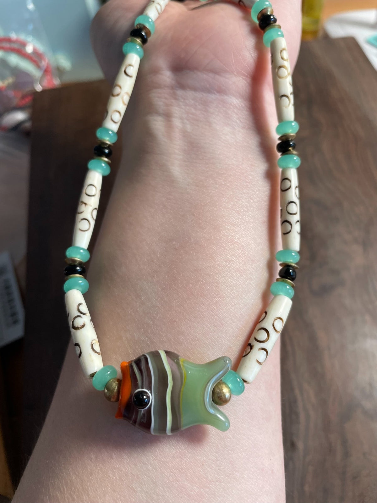 Phoenician Glass Fish Pendant Ox Bone Bead Necklace