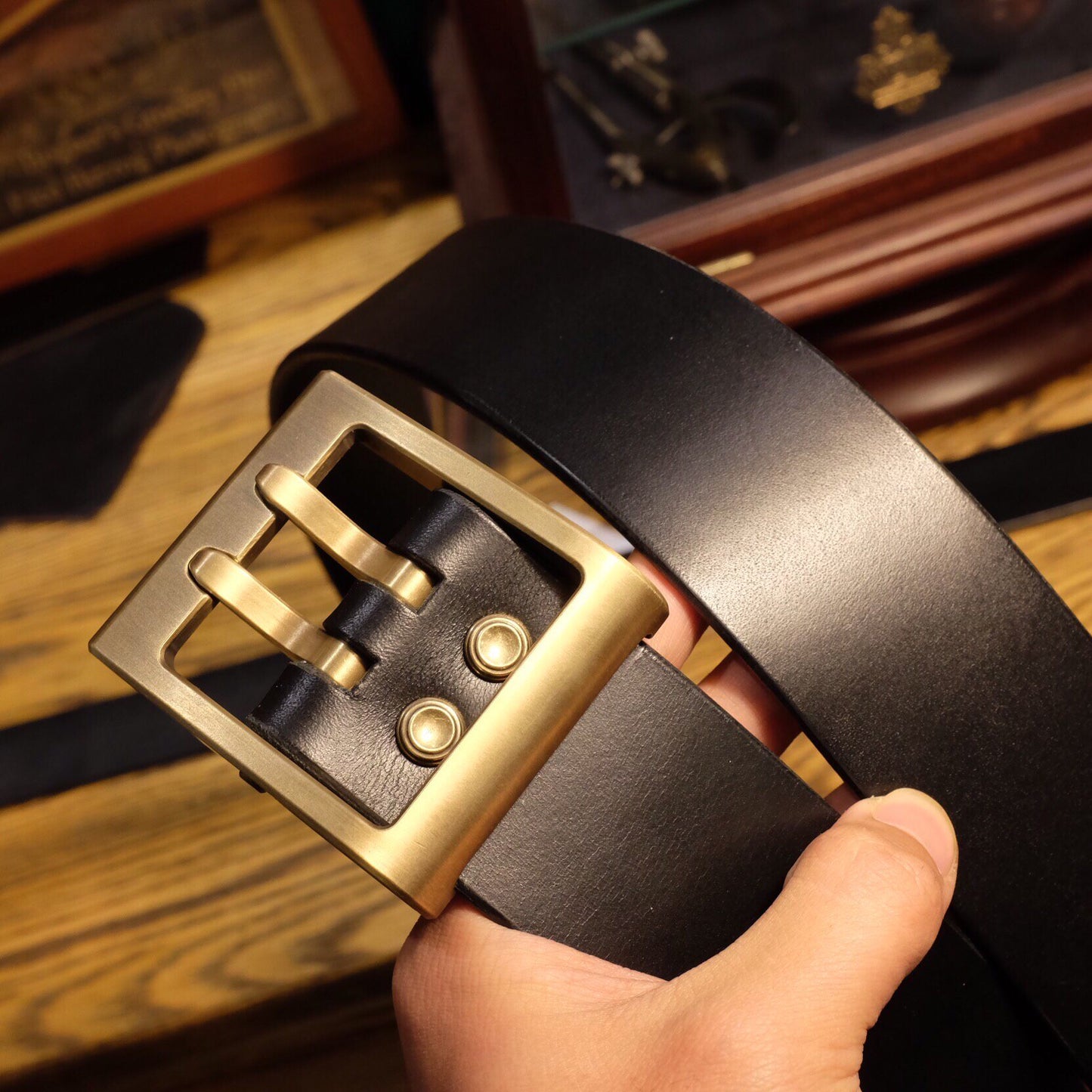 45mm Black Leather Belt with Brass Buckle and Engraved Number