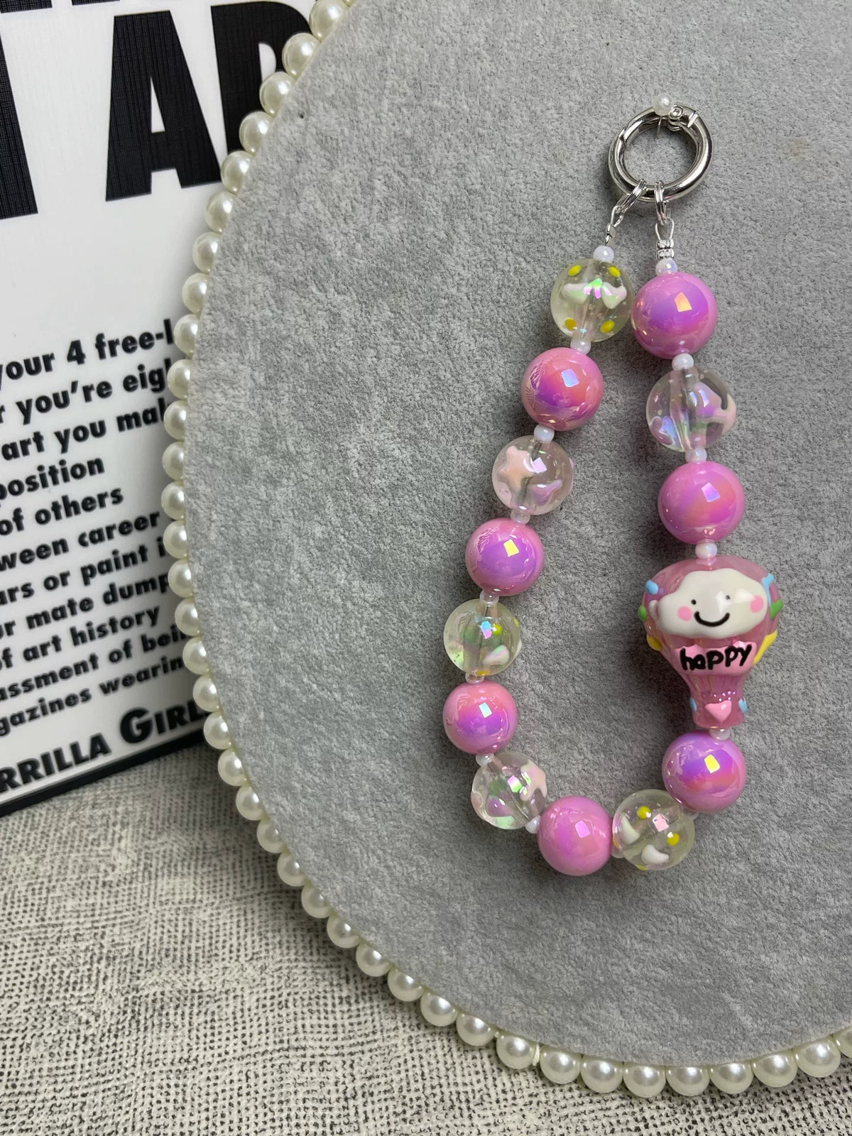 Pink Beaded Phone Strap with Cartoon Charm