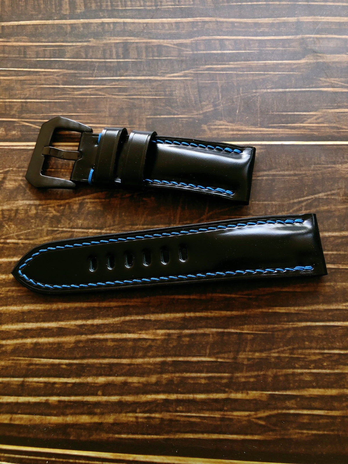 Custom Shell Cordovan Watch Strap Blue Stitching