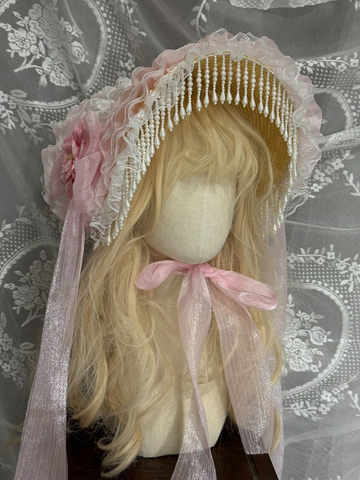 Reversible Pink Pearl Trim Bonnet Headpiece