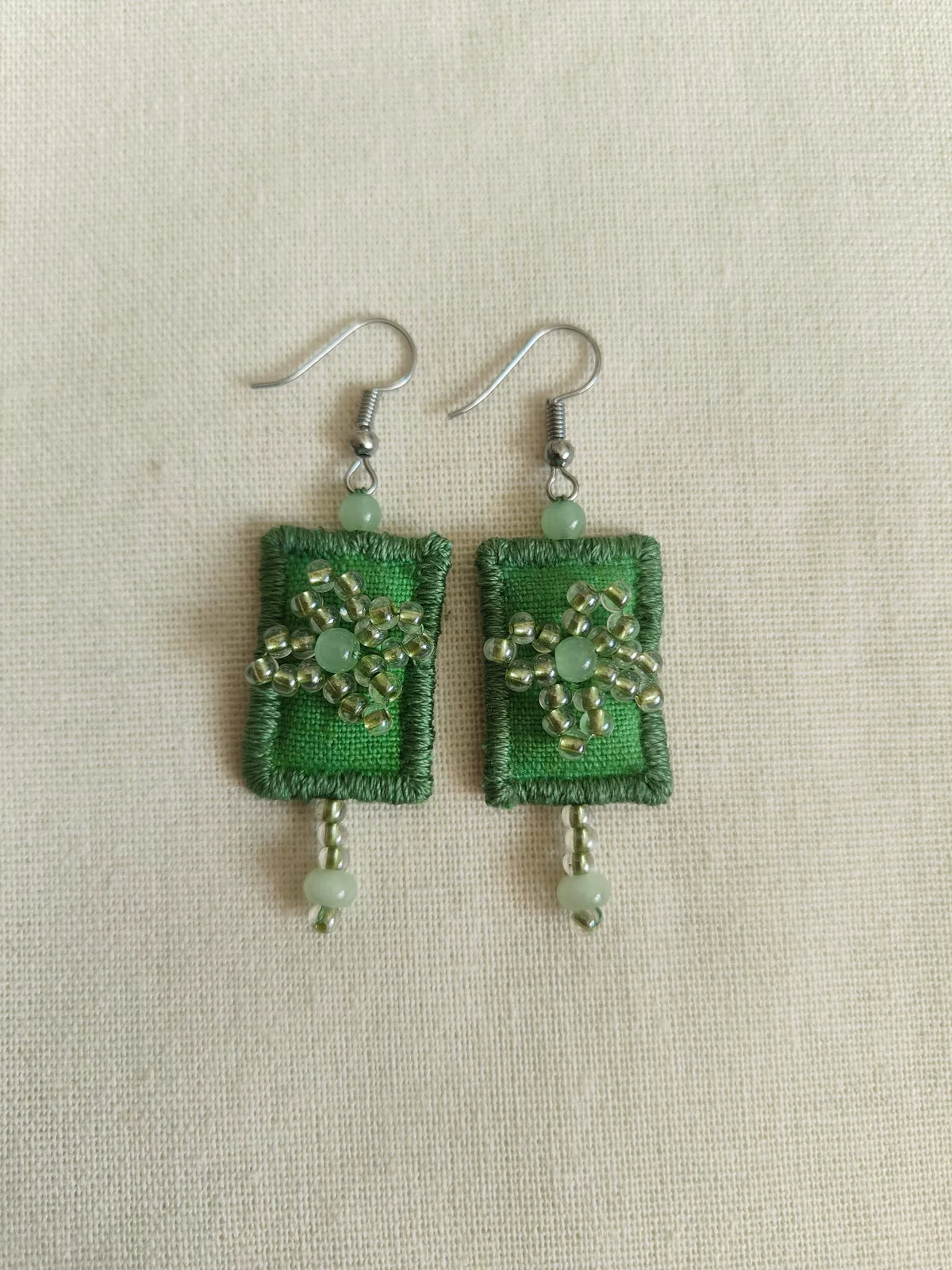 Handmade Green Fabric Beaded Tassel Earrings