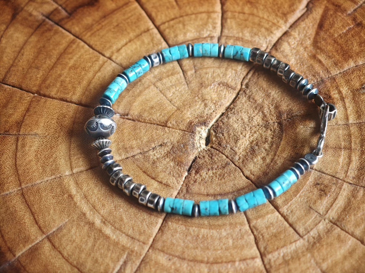 Handmade 925 Silver Navajo Turquoise Bead Bracelet