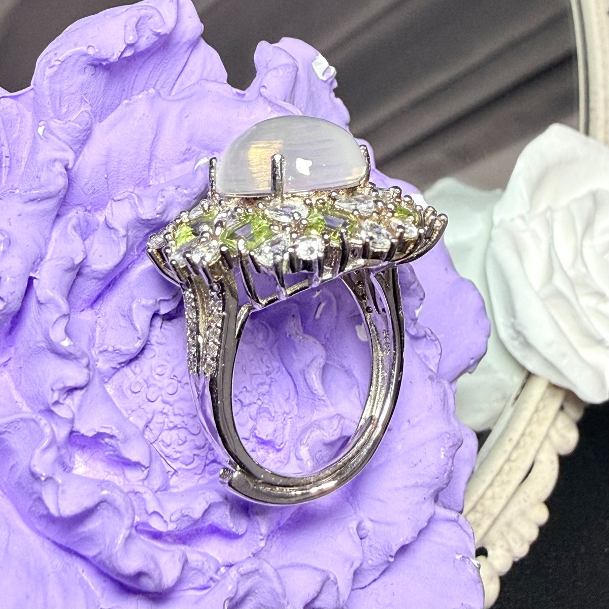 Moonstone Peridot Adjustable Sterling Silver Ring