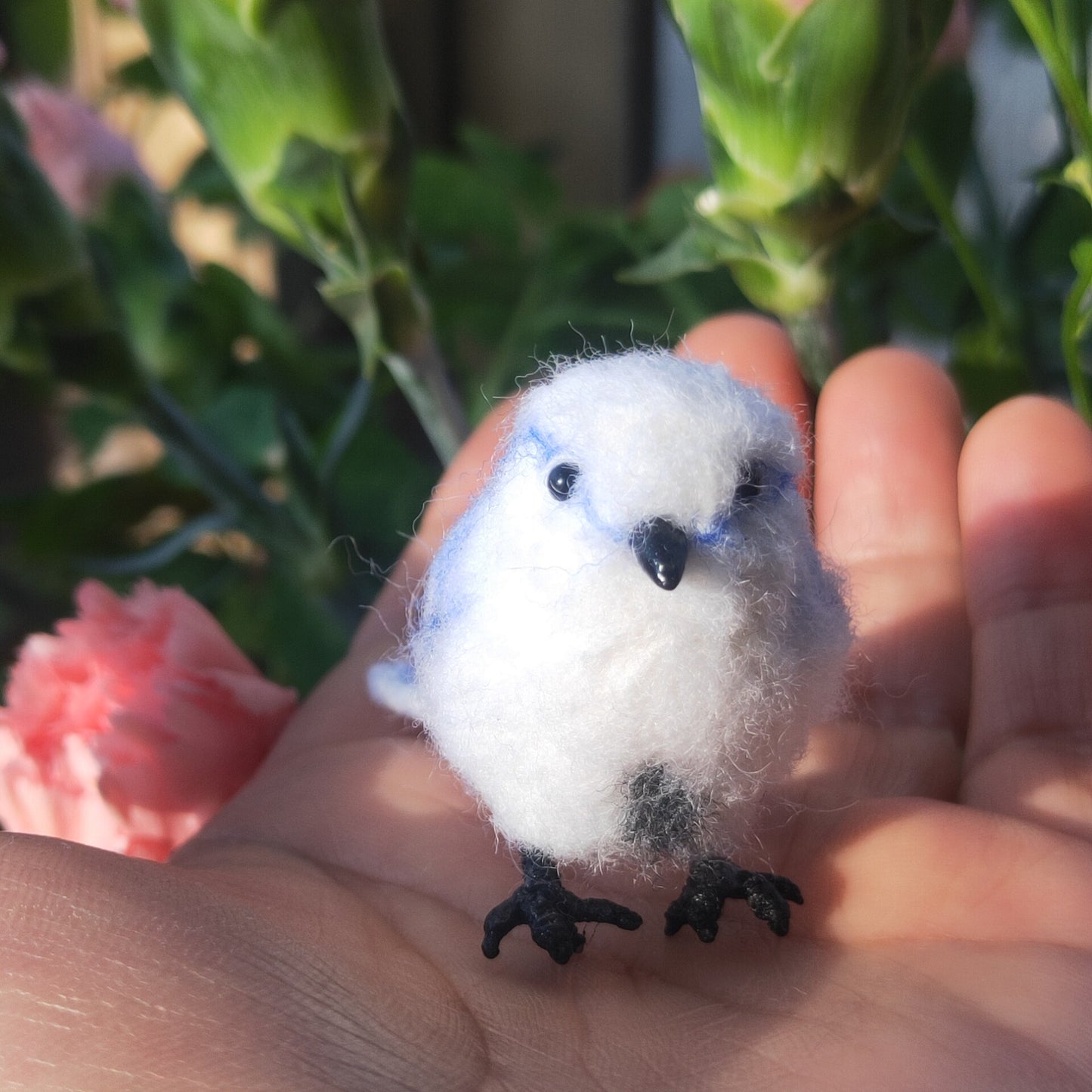 Needle-Felted Wool Miniature Bird Figurine with Blue and White Plumage