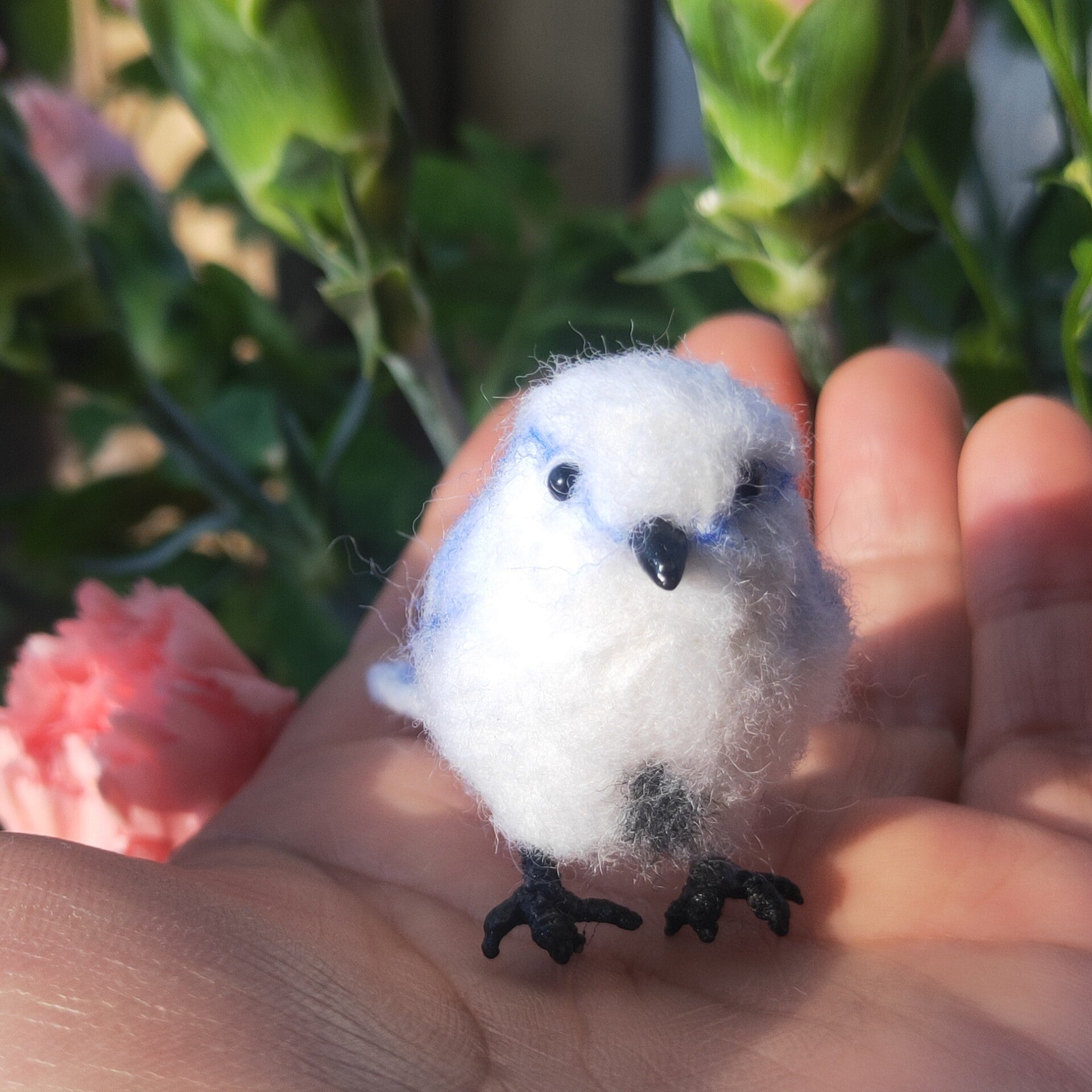 Needle-Felted Wool Miniature Bird Figurine with Blue and White Plumage