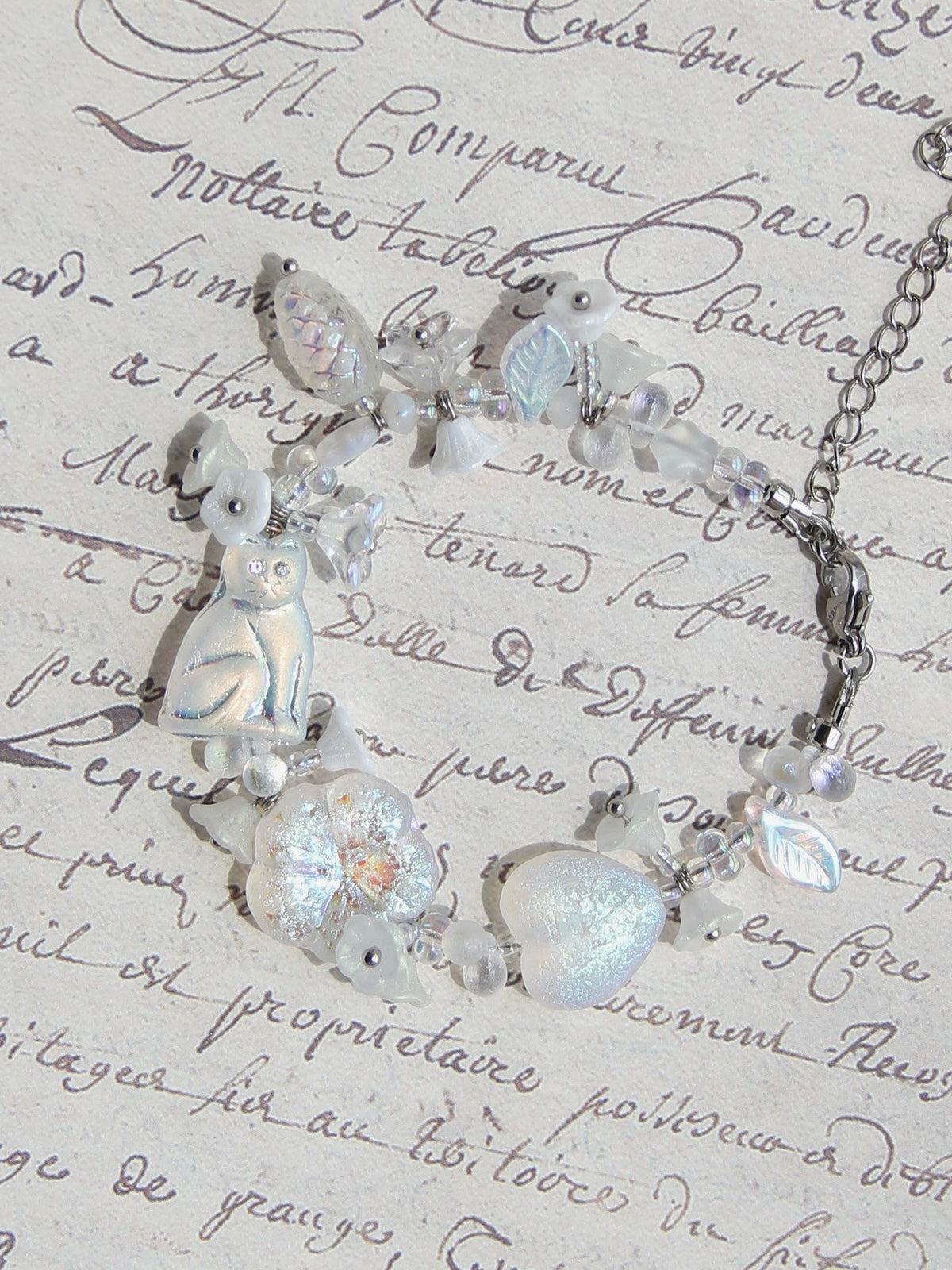 Czech Glass Cat Flower Charm Bracelet