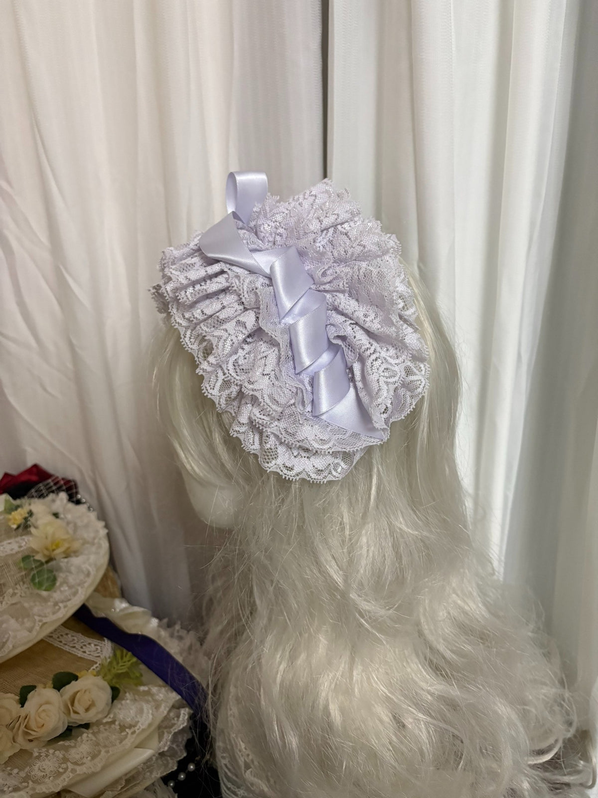 Lavender Lace Ruffle Headpiece with Satin Bow