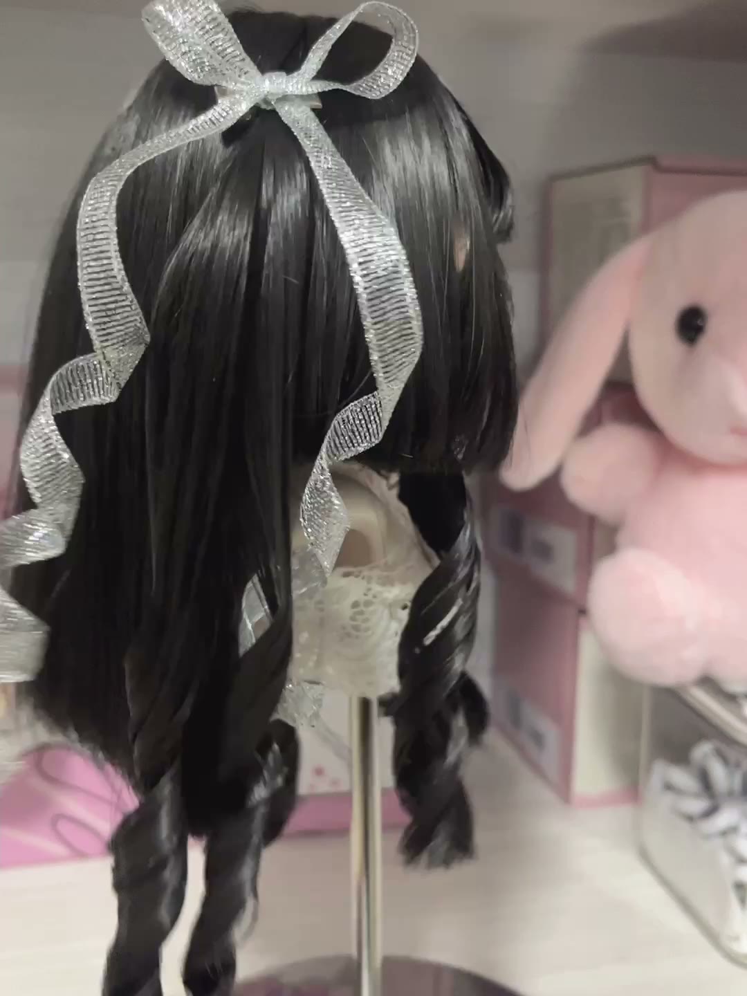 Doll Wig Black Curly Silver Ribbons