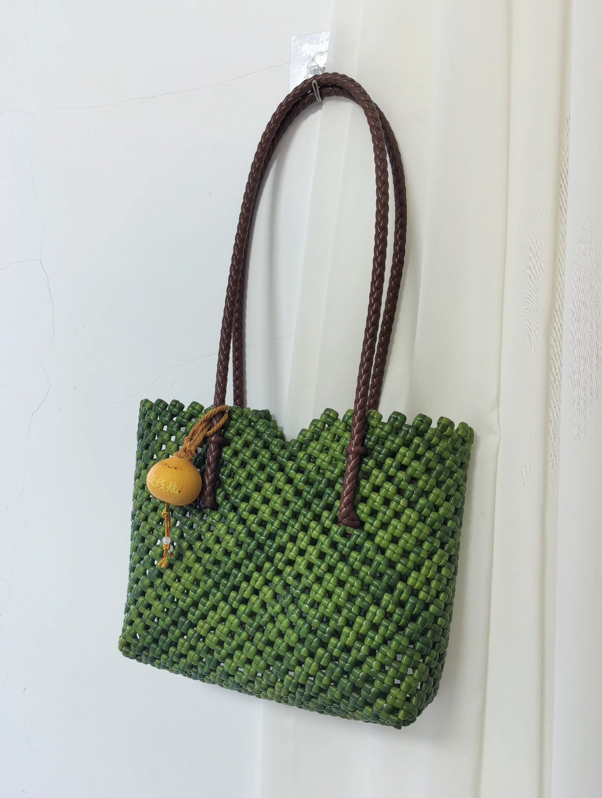 Handmade Gradient Green Woven Tote Bag Large Capacity